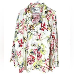 Flax Women’s White Green Long Sleeve Boxy Button Down Shirt 100%Linen